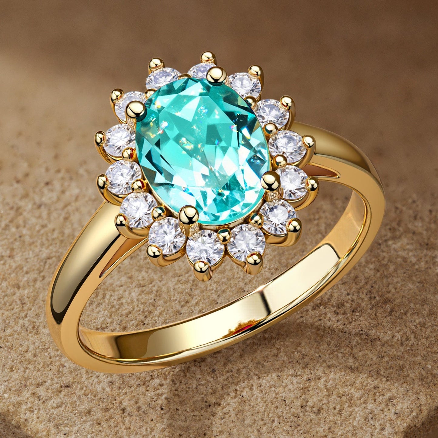 Oval Brilliant Cut Electric Lagoon Hue Lab-Certified Paraiba Tourmaline - Halo Classic Engagement Ring 14K Yellow Gold Plated (Includes GRC Certification from Gemstone Research Center)