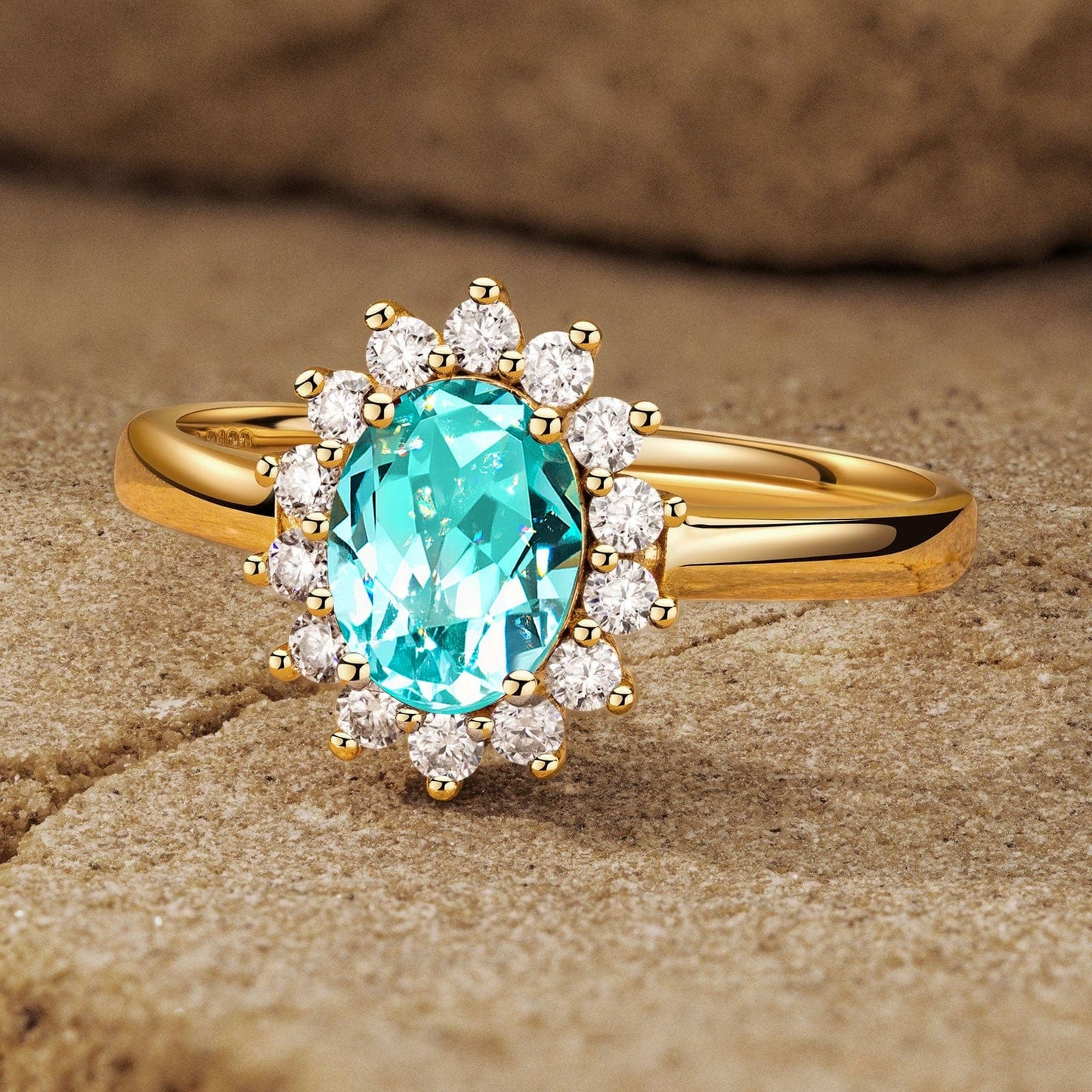 Oval Brilliant Cut Electric Lagoon Hue Lab-Certified Paraiba Tourmaline - Halo Classic Engagement Ring 14K Yellow Gold Plated (Includes GRC Certification from Gemstone Research Center)