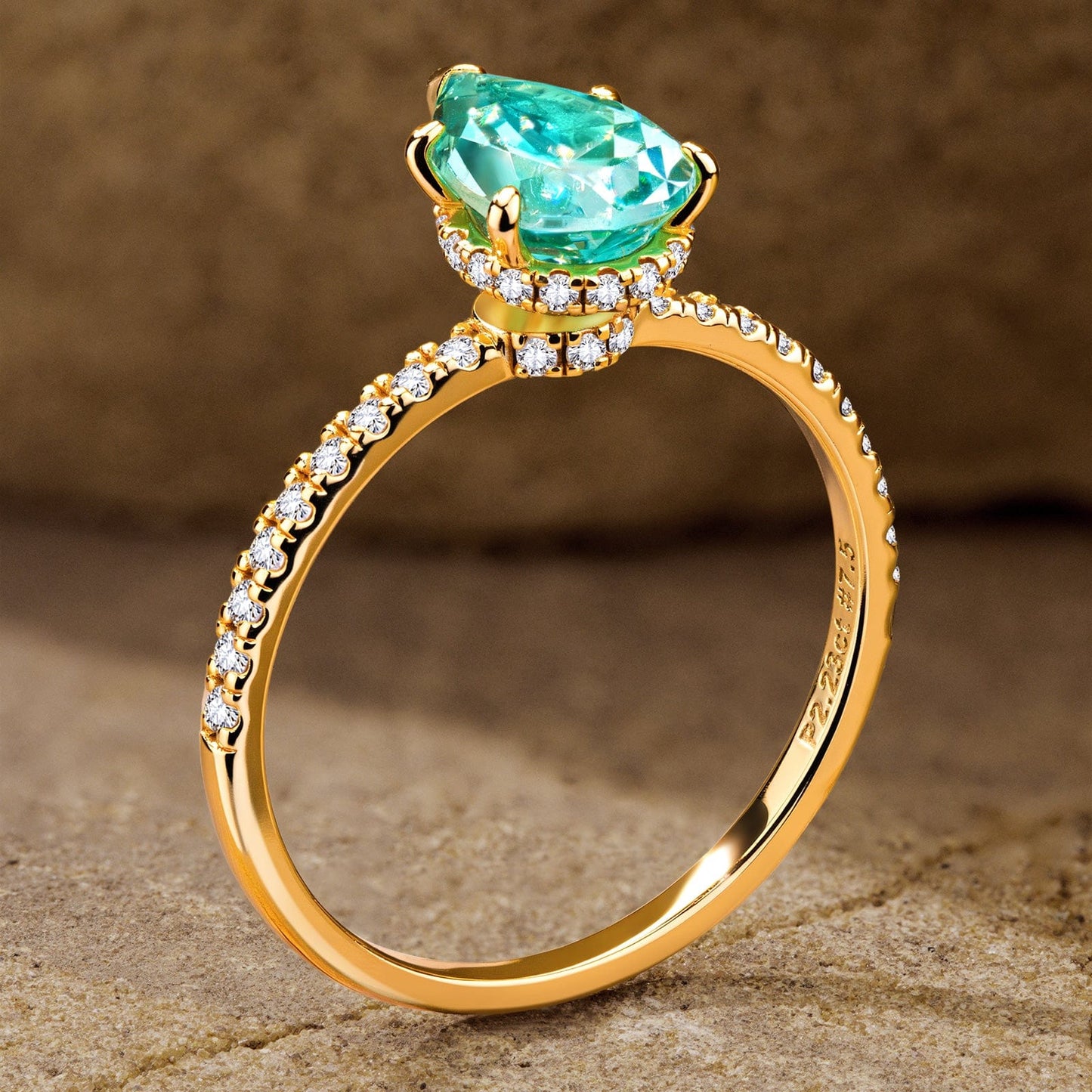 Pear Brilliant Cut Electric Lagoon Hue Lab-Certified Paraiba Tourmaline - Pave Classic Engagement Ring 14K Yellow Gold Plated (Includes GRC Certification from Gemstone Research Center)