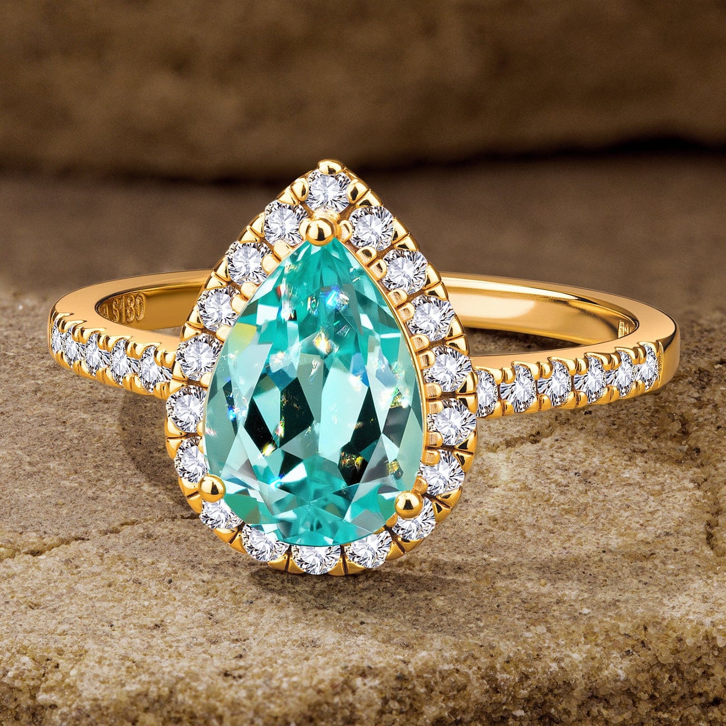 Pear Brilliant Cut Electric Lagoon Hue Lab-Certified Paraiba Tourmaline - Halo Classic Engagement Ring 14K Yellow Gold Plated (Includes GRC Certification from Gemstone Research Center)