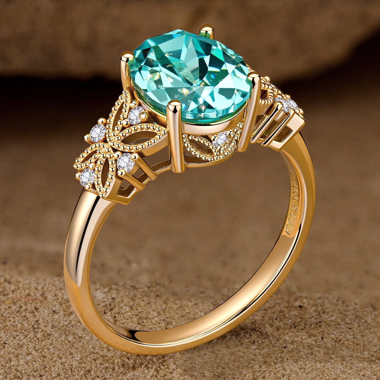 Oval Brilliant Cut Electric Lagoon Hue Lab-Certified Paraiba Tourmaline - Pave Classic Engagement Ring 14K Yellow Gold Plated (Includes GRC Certification from Gemstone Research Center)