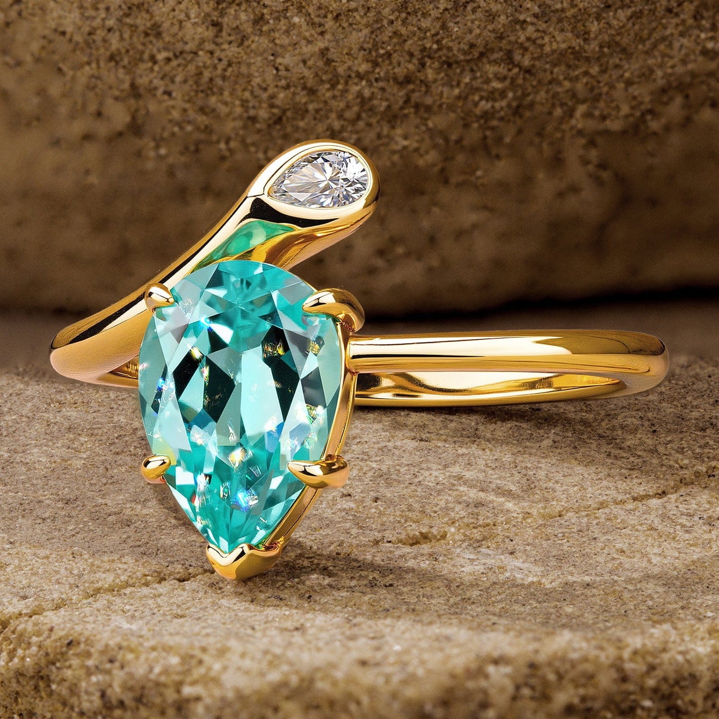 Pear Brilliant Cut Electric Lagoon Hue Lab-Certified Paraiba Tourmaline - Classic Engagement Ring 14K Yellow Gold Plated (Includes GRC Certification from Gemstone Research Center)