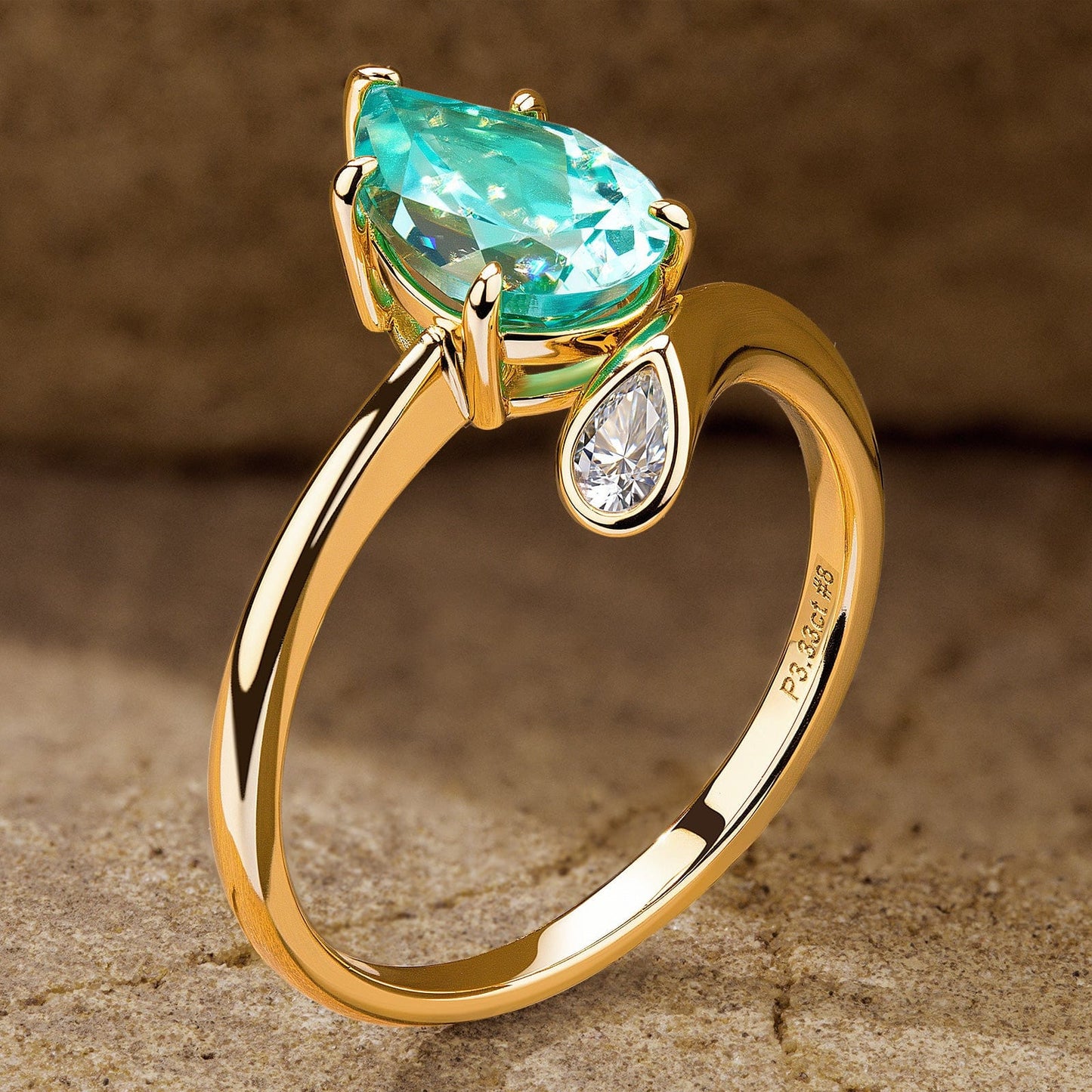Pear Brilliant Cut Electric Lagoon Hue Lab-Certified Paraiba Tourmaline - Classic Engagement Ring 14K Yellow Gold Plated (Includes GRC Certification from Gemstone Research Center)