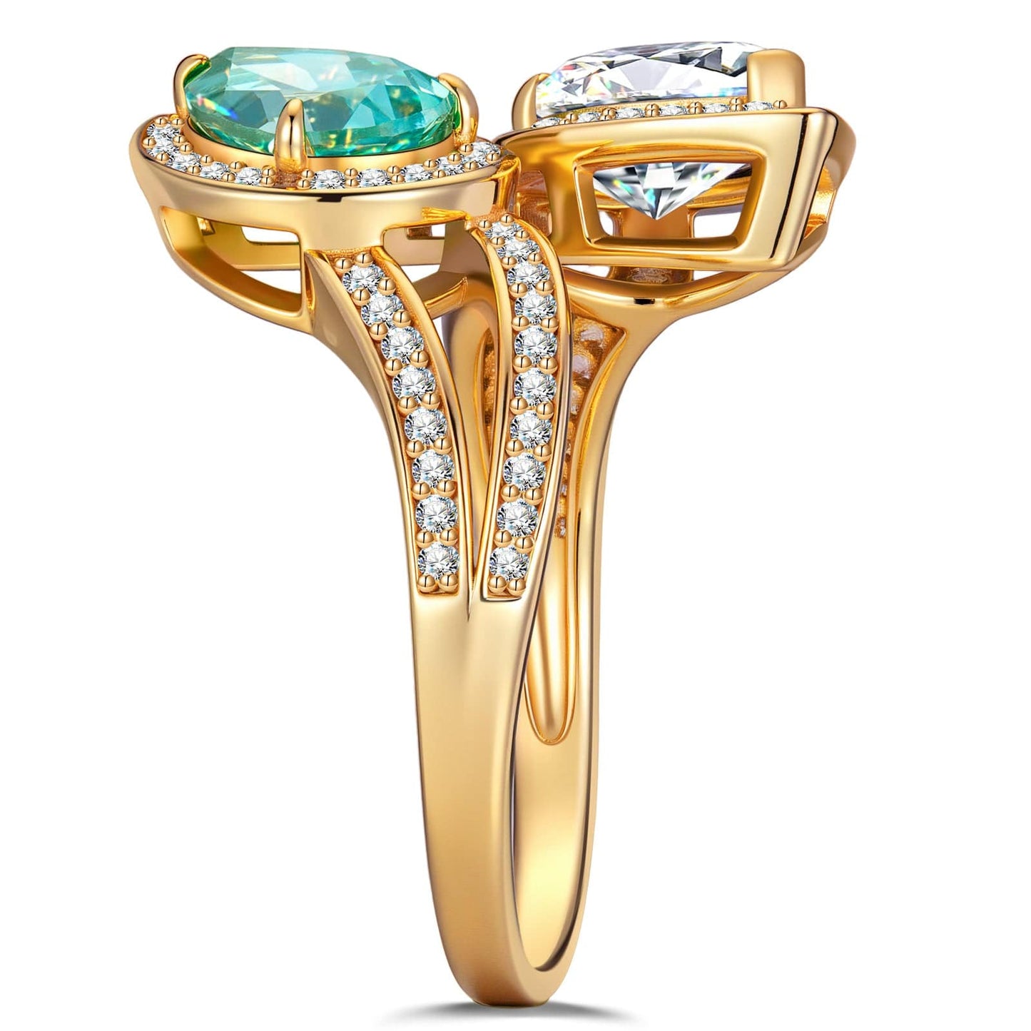 2.20 ct Pear Brilliant Cut Electric Lagoon Hue Lab-Certified Paraiba Tourmaline and Pear Brilliant Cut Cubic Zirconia - Two Stone Classic Engagement Ring 14K Yellow Gold Plated (Includes GRC Certification from Gemstone Research Center)