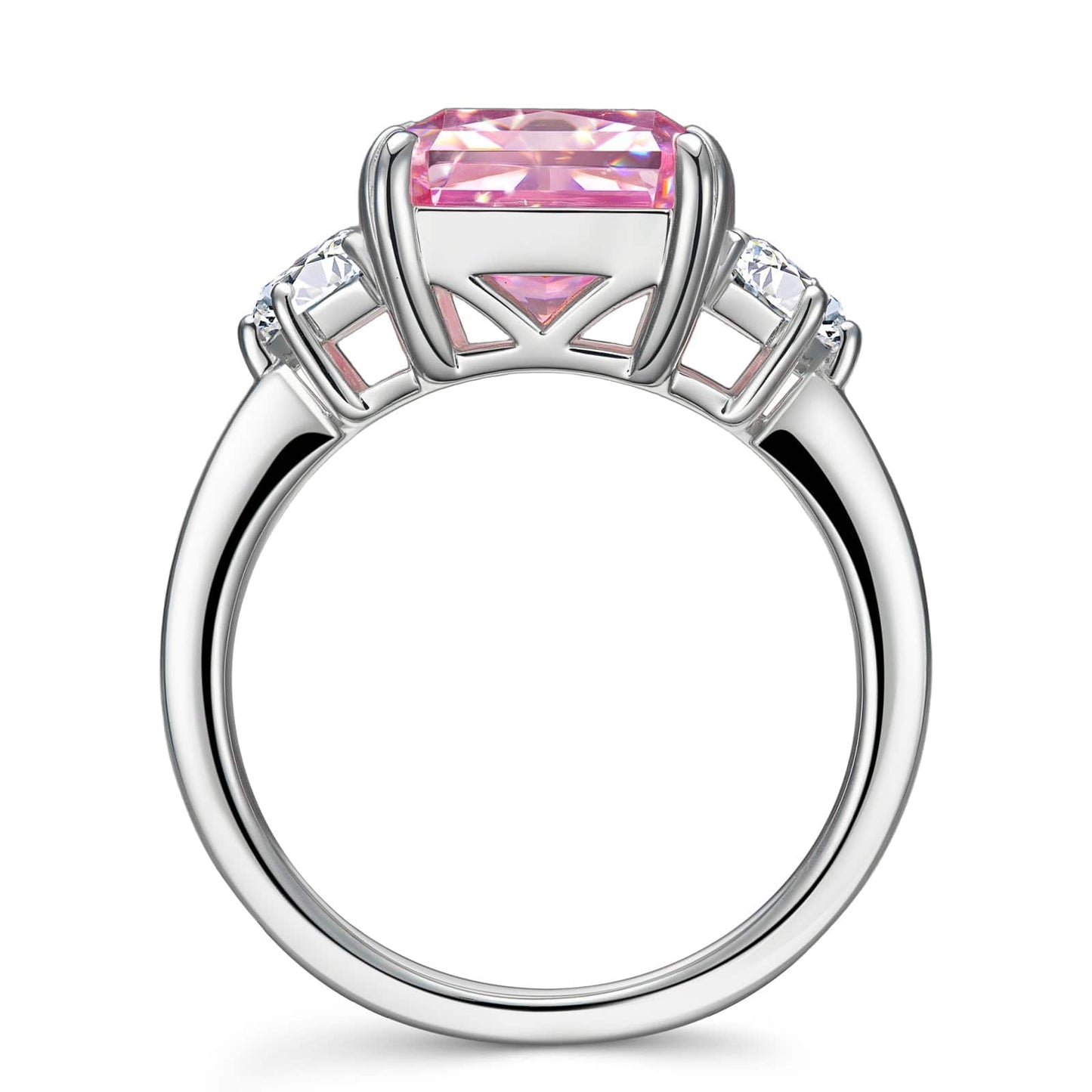 Radiant Modified Brilliant Cut Fancy Vivid Pink Ice-Frosted Sparkle Lab Zircon - Three Stone Classic Engagement Ring White Gold Plated