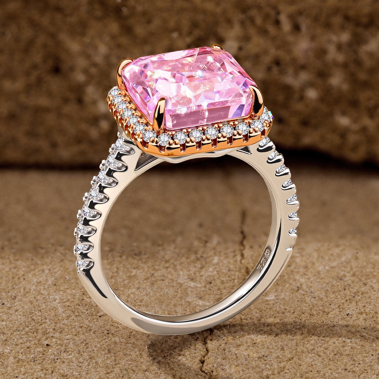 Radiant Modified Brilliant Cut Fancy Vivid Pink Ice-Frosted Sparkle Lab Zircon - Halo Classic Engagement Ring White Gold Plated