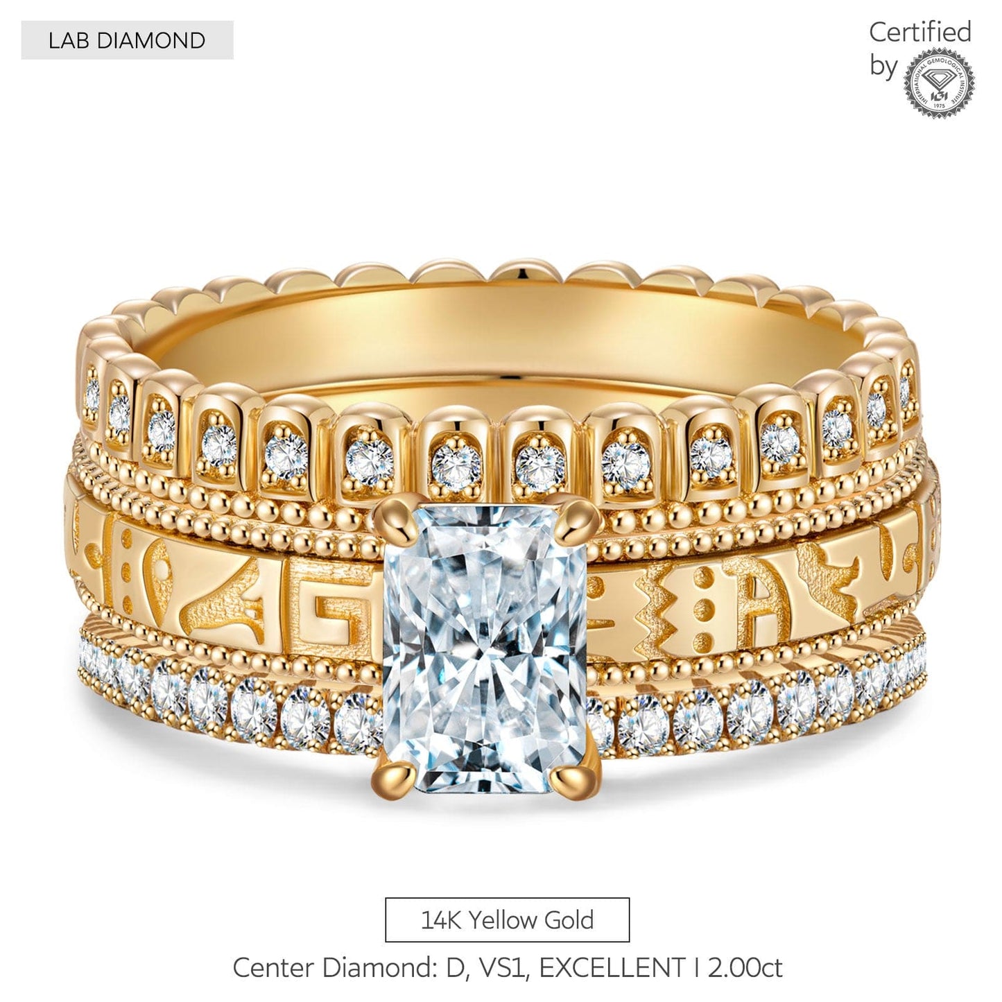 IGI Certified Lab-Grown Radiant Cut Diamond - Bridal Sets Classic Engagement Ring 14K Yellow Gold Plated (Includes IGI Certification from International Gemological Institute)