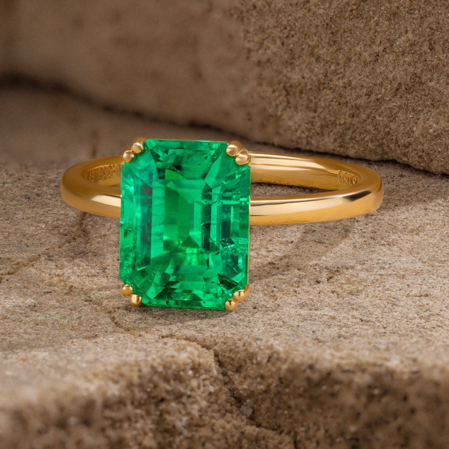 Emerald-Cut Vivid Colombian Green Lab-Certified Emerald - Solitaire Classic Engagement Ring 14K Yellow Gold Plated (Includes GRC Certification from Gemstone Research Center)