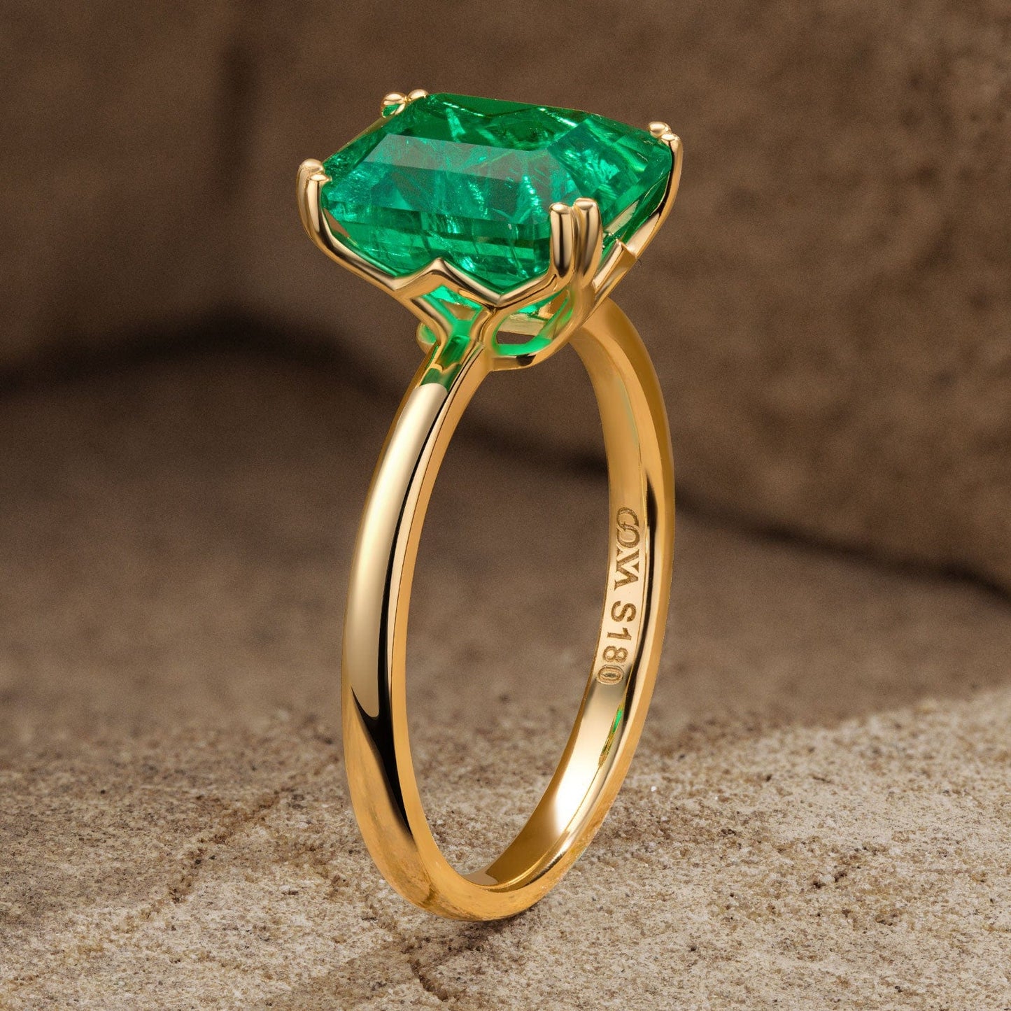 Emerald-Cut Vivid Colombian Green Lab-Certified Emerald - Solitaire Classic Engagement Ring 14K Yellow Gold Plated (Includes GRC Certification from Gemstone Research Center)