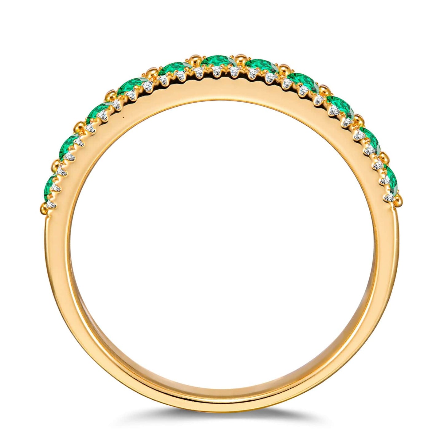 Round Brilliant Cut Vivid Colombian Green Lab-Certified Emerald - Half Eternity Ring 14K Yellow Gold Plated (Includes GRC Certification from Gemstone Research Center)
