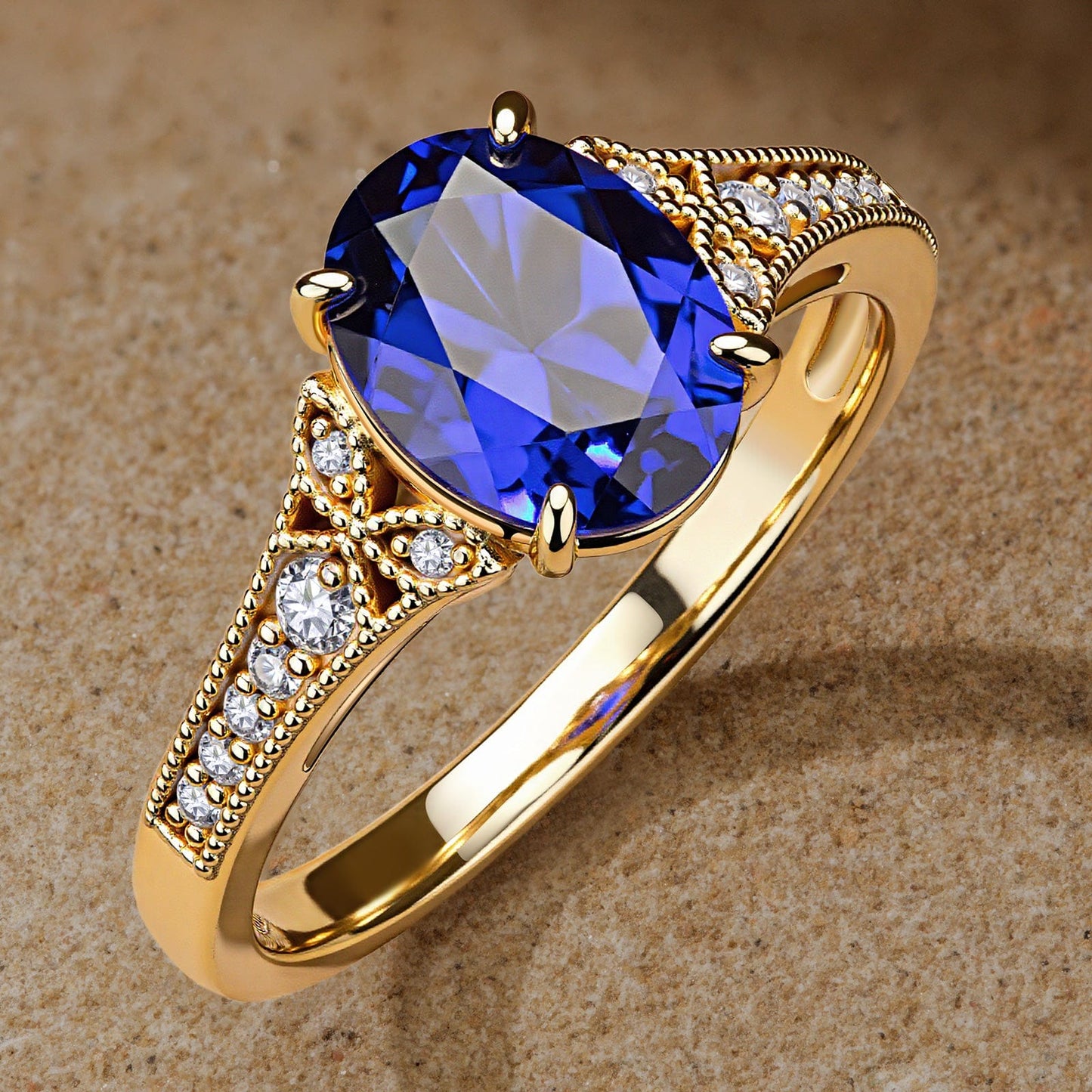 Oval Brilliant Cut Royal Blue Hue Lab-Certified Blue Sapphire - Pave Classic Engagement Ring 14K Yellow Gold Plated (Includes GRC Certification from Gemstone Research Center)