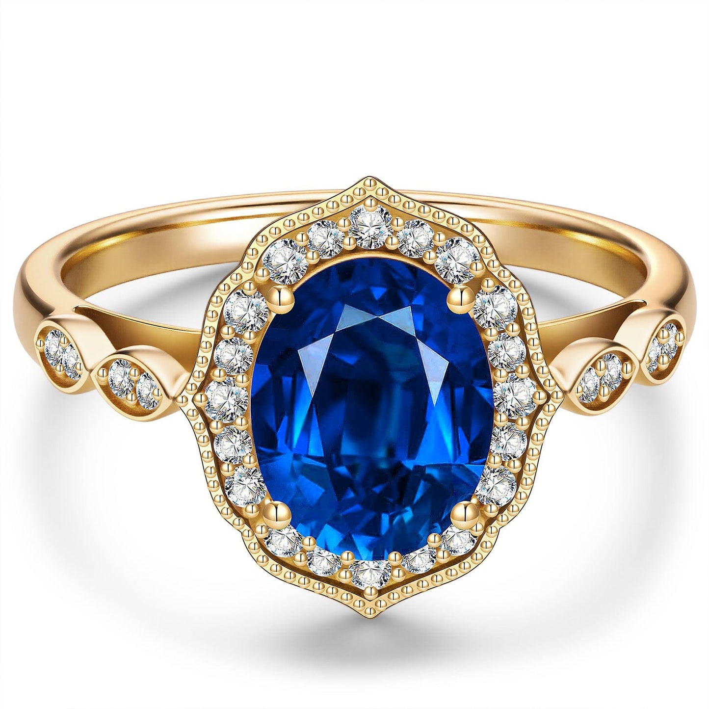 Oval Brilliant Cut Royal Blue Hue Lab-Certified Blue Sapphire - Halo Classic Engagement Ring 14K Yellow Gold Plated (Includes GRC Certification from Gemstone Research Center)