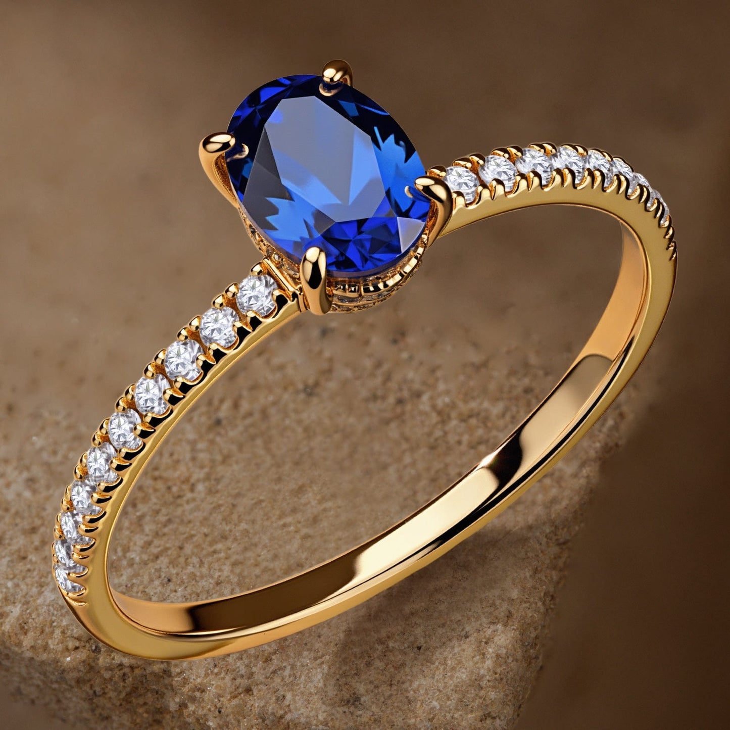 Oval Brilliant Cut Royal Blue Hue Lab-Certified Blue Sapphire - Pave Classic Engagement Ring 14K Yellow Gold Plated (Includes GRC Certification from Gemstone Research Center)