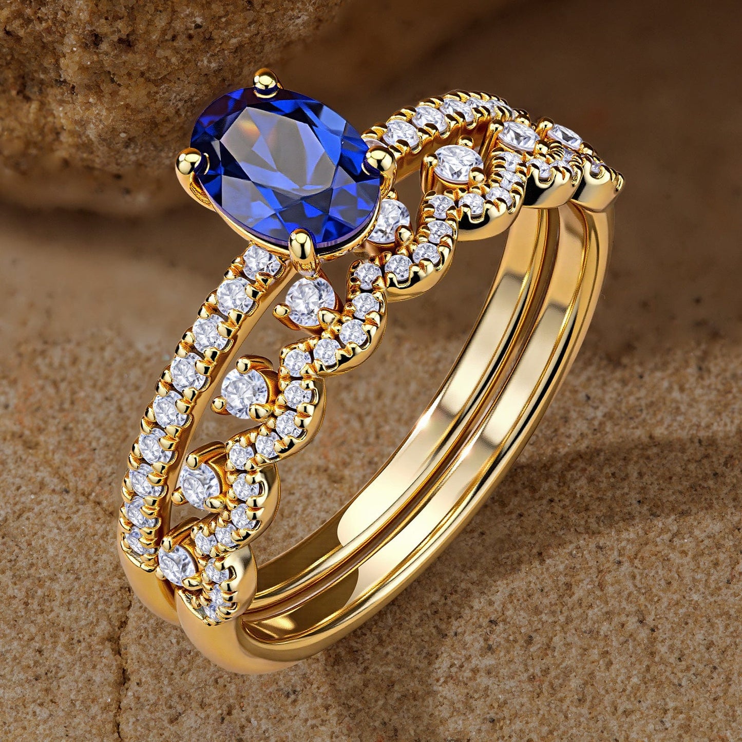 Oval Brilliant Cut Royal Blue Hue Lab-Certified Blue Sapphire - Classic Stackable Ring Sets 14K Yellow Gold Plated (Includes GRC Certification from Gemstone Research Center)