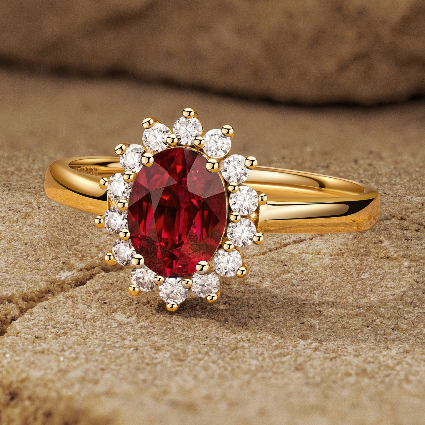 Oval Brilliant Cut Vivid Pigeon Blood Red Lab-Certified Ruby - Halo Classic Engagement Ring 14K Yellow Gold Plated (Includes GRC Certification from Gemstone Research Center)