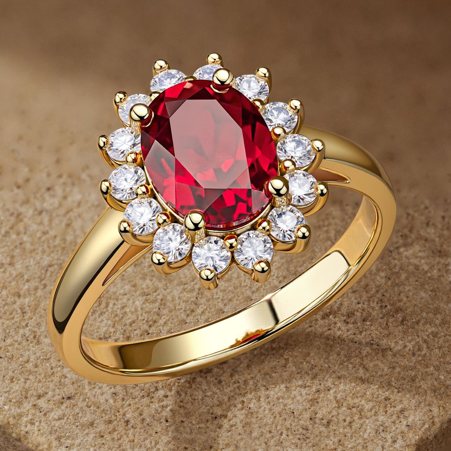 Oval Brilliant Cut Vivid Pigeon Blood Red Lab-Certified Ruby - Halo Classic Engagement Ring 14K Yellow Gold Plated (Includes GRC Certification from Gemstone Research Center)