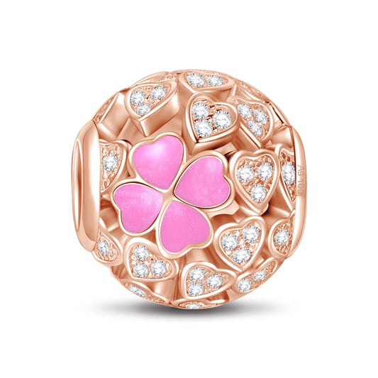 gona- Pink Lucky Clover Tarnish-resistant Silver Charms With Enamel In Rose Gold Plated