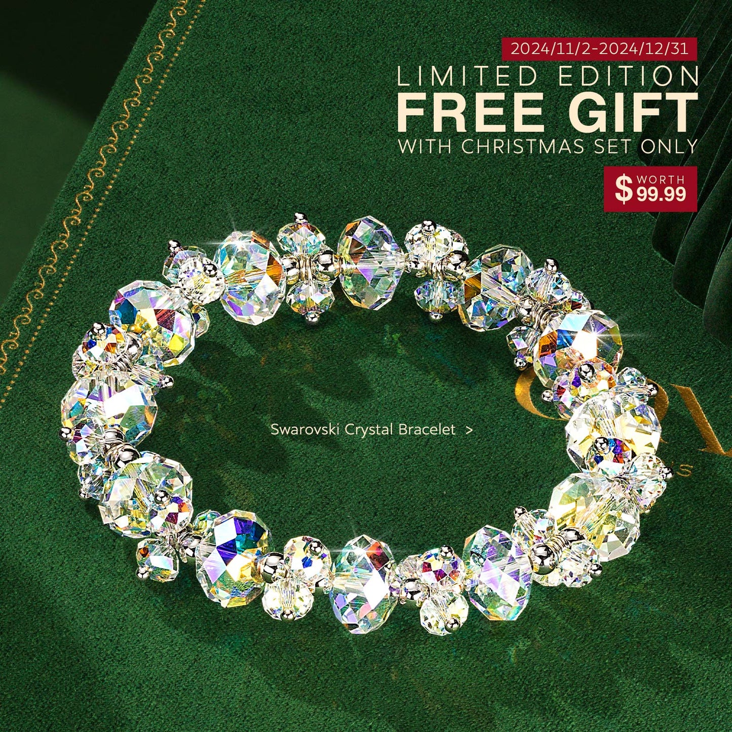 Limited Edition - The Iconic Advent Calendar - 12 Days Of Christmas Fine Jewelry Gift Set: Sterling Silver Festive Hearts Charms Earrings and Necklace and Bracelet Set With Enamel In 14K Gold Plated