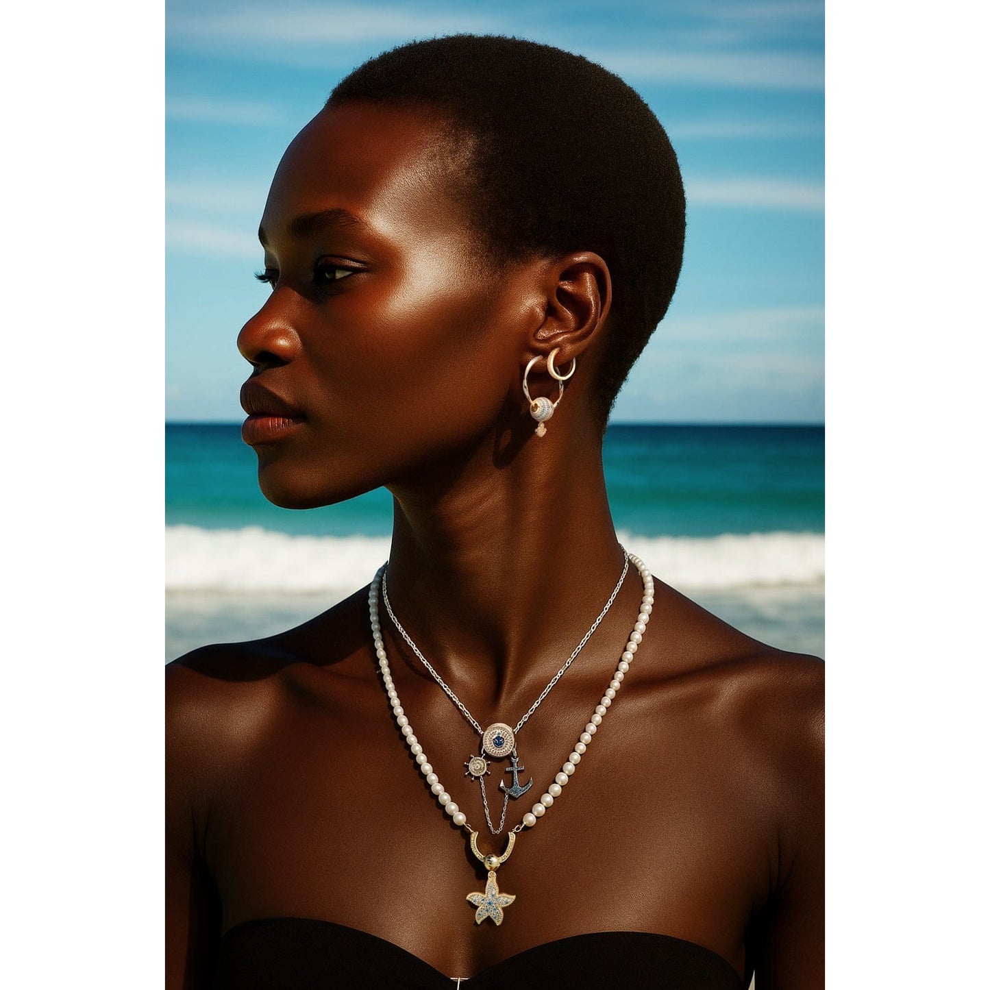 Sterling Silver Anchor And Helm Charms Necklace Set With Enamel, Featuring Dual Plating in White Gold and 14K Gold