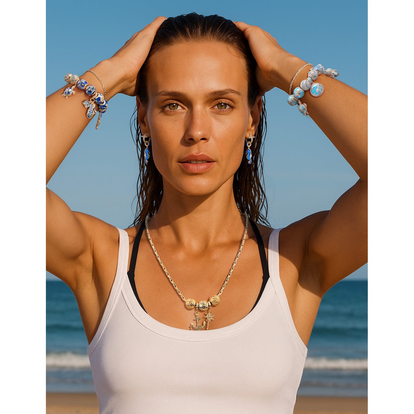 Sterling Silver Exploring the Underwater World Charms Bracelet Set With Enamel In White Gold Plated (Includes bracelet and all charms shown)