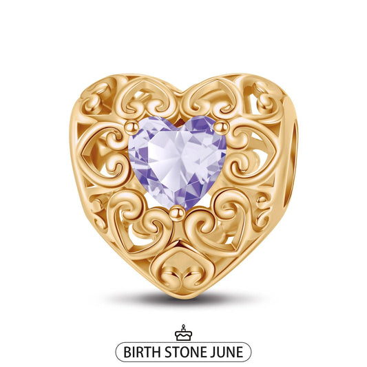 gona- June Golden Love Heart Birthstone Tarnish-resistant Silver Charms In 14K Gold Plated