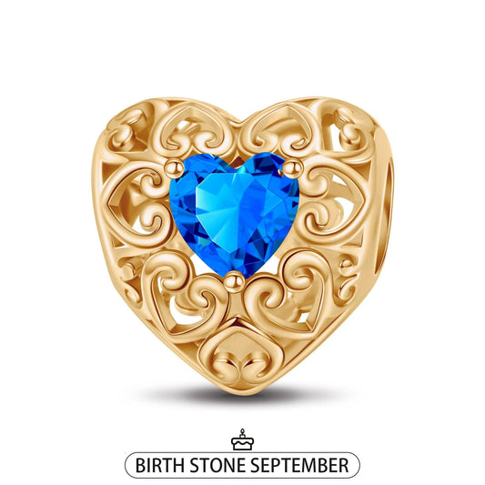 gona- September Golden Love Heart Birthstone Tarnish-resistant Silver Charms In 14K Gold Plated
