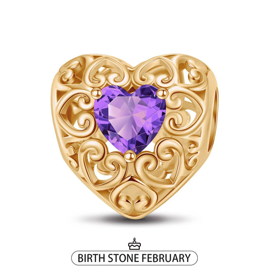 gona- February Golden Love Heart Birthstone Tarnish-resistant Silver Charms In 14K Gold Plated