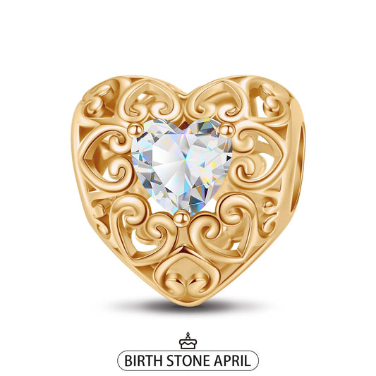 gona- April Golden Love Heart Birthstone Tarnish-resistant Silver Charms In 14K Gold Plated