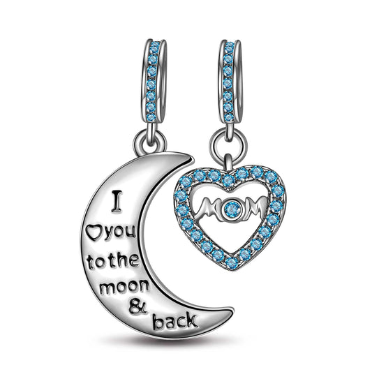 gona- Sterling Silver Moon & Love To Mom Blue Dangle Charms With Enamel In White Gold Plated