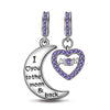 Sterling Silver Moon & Love To Mom Purple Dangle Charms With Enamel In White Gold Plated