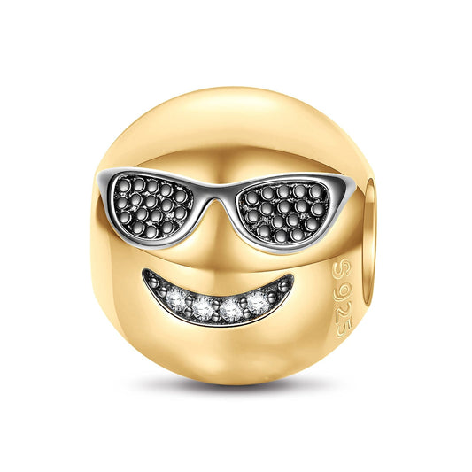 gona- Sterling Silver Smiling With Sunglasses Emoji Charms With Enamel In 14K Gold Plated