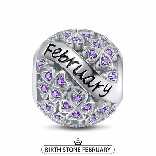 gona- Sterling Silver Lucky Clover Birthstone February Charms With Enamel In White Gold Plated