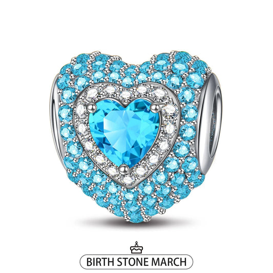 gona- Sterling Silver Love Heart Birthstone March Charms With Enamel In White Gold Plated