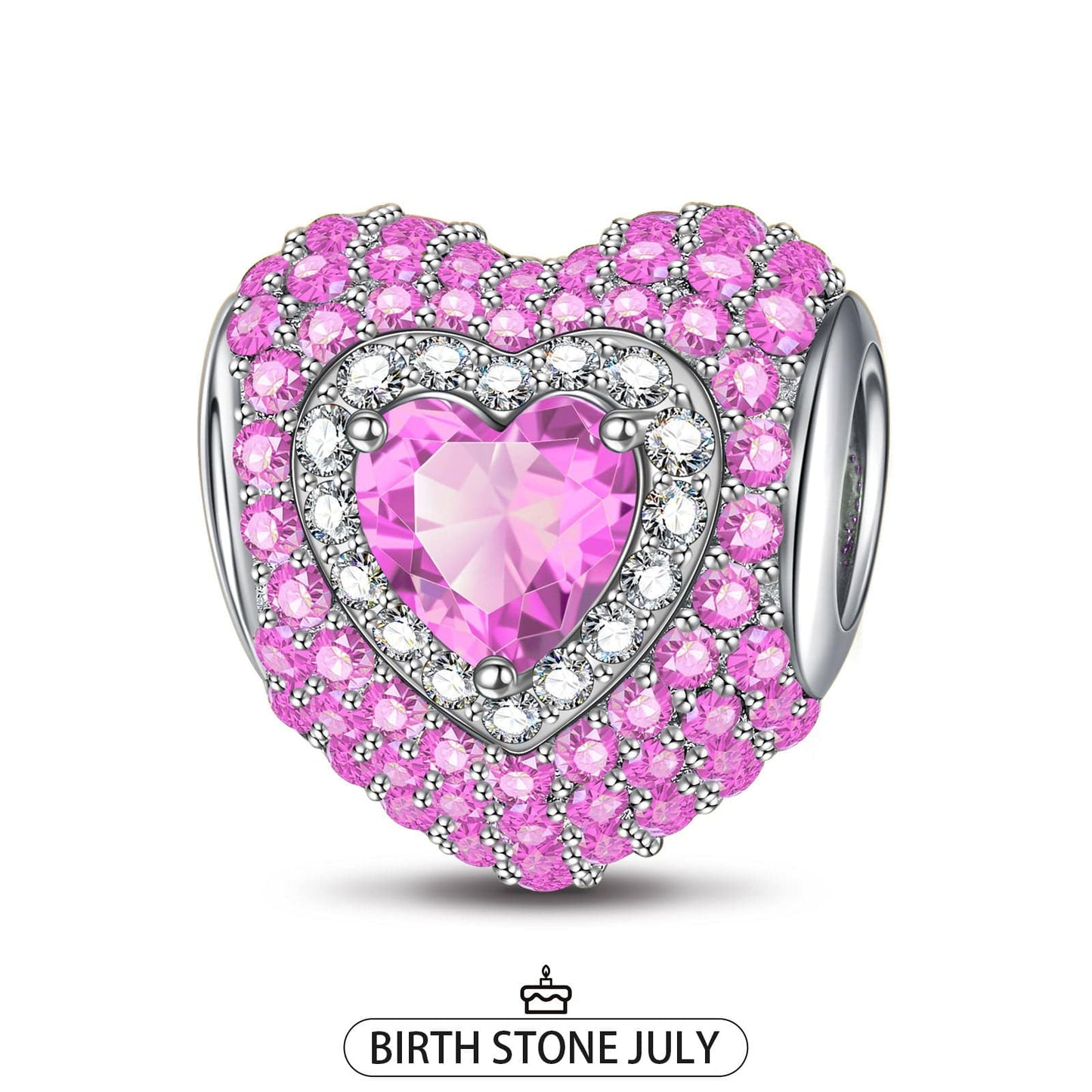 Sterling Silver Love Heart Birthstone July Charms With Enamel In White Gold Plated