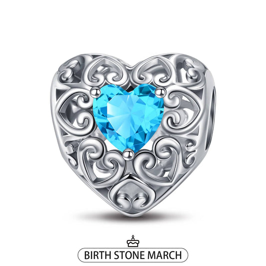 gona- Sterling Silver Love Heart Birthstone March Charms In White Gold Plated
