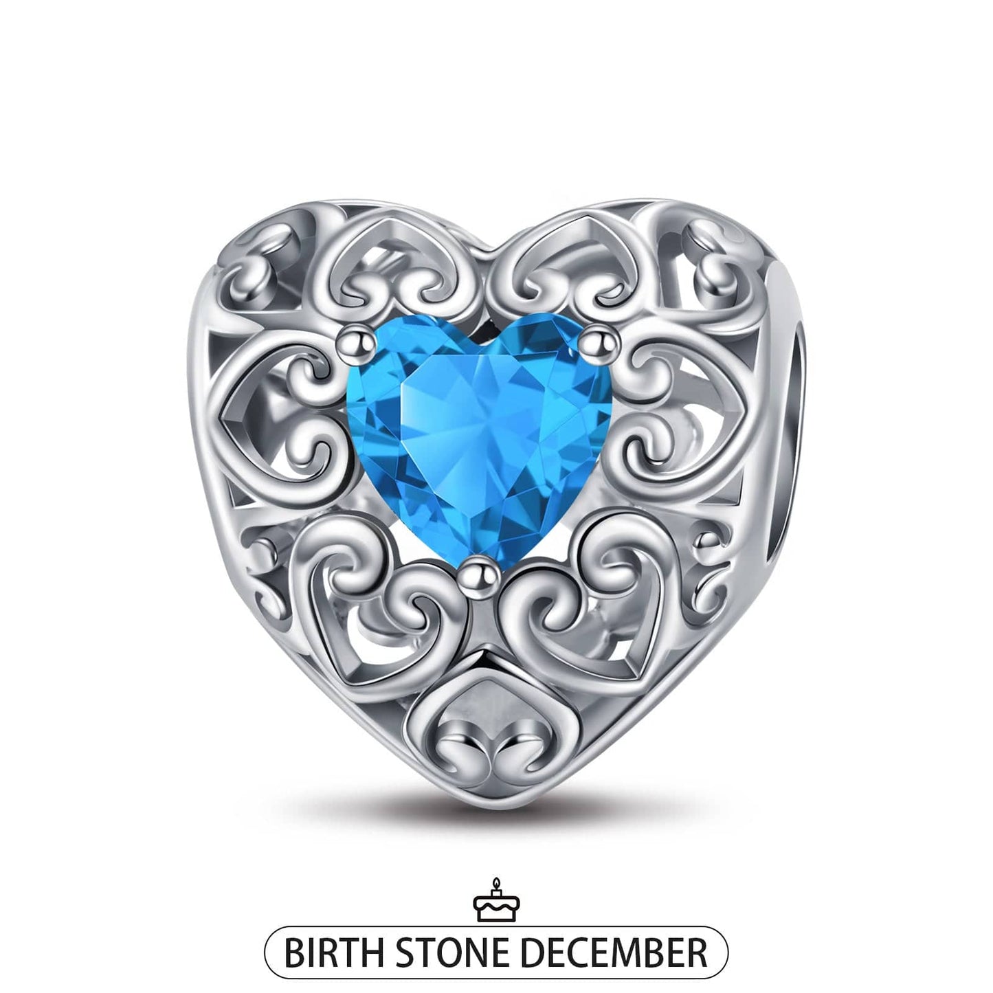 Sterling Silver Love Heart Birthstone December Charms In White Gold Plated