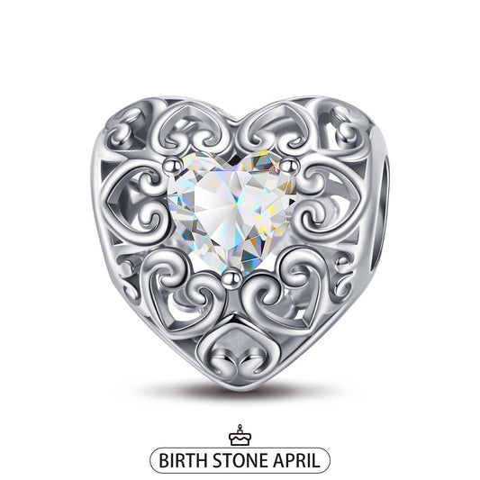 gona- Sterling Silver Love Heart Birthstone April Charms In White Gold Plated