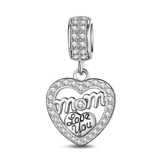 gona- Sterling Silver 'Love You, Mom' Heart Dangle Charms In White Gold Plated