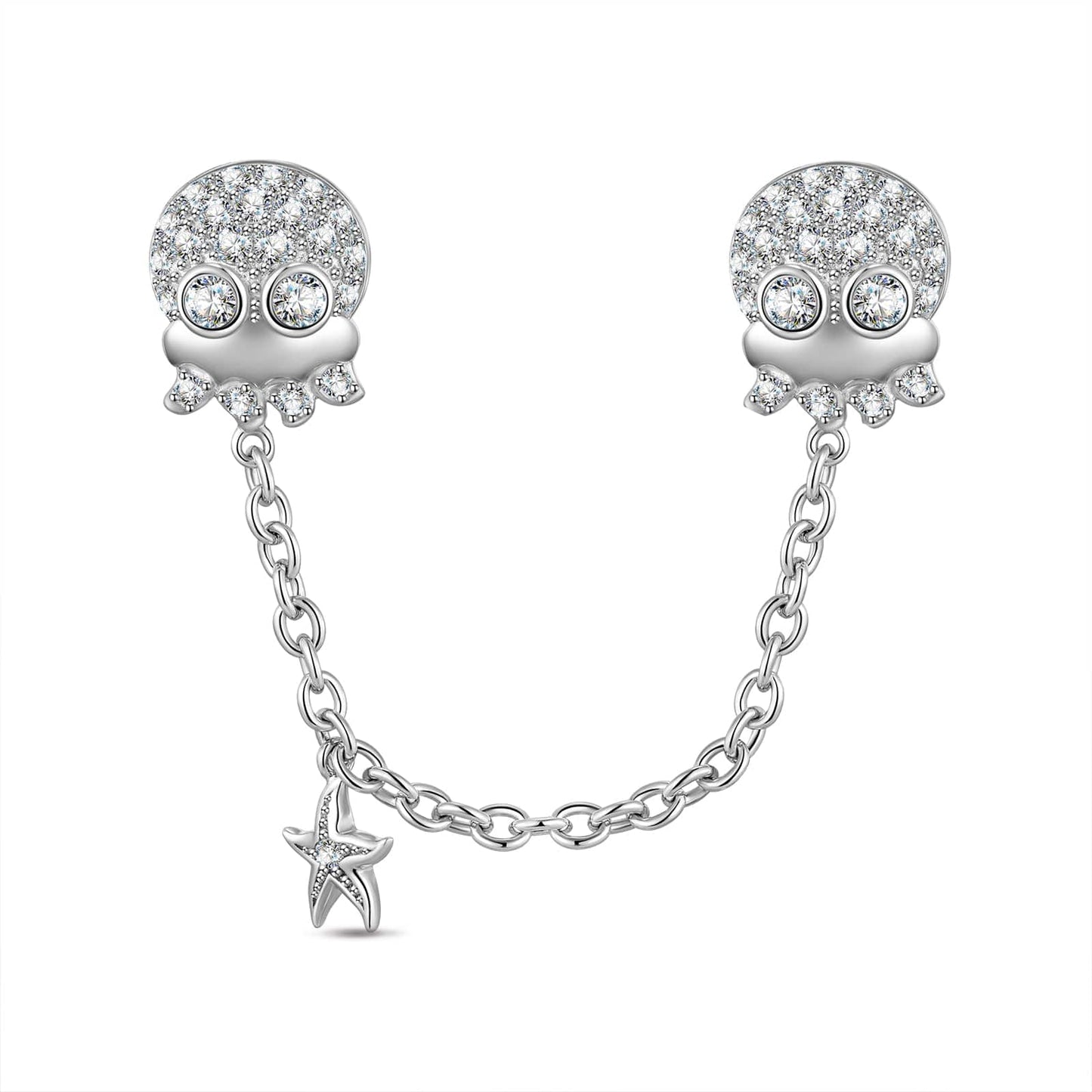 Sterling Silver Sparkling Octopus Safety Chain In White Gold Plated