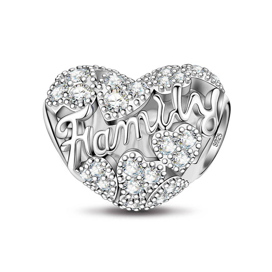 gona- Sterling Silver Family Heart Charms In White Gold Plated