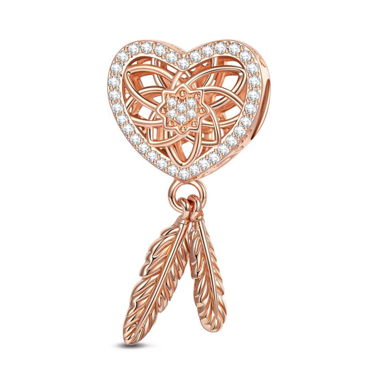 gona- Sterling Silver Heart and Feather Dangle Charms In Rose Gold Plated