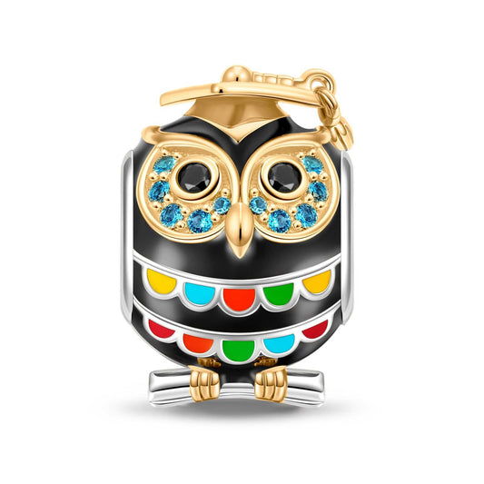 gona- Sterling Silver Happy Graduation Owl Charms With Enamel In Two-Tone Plating
