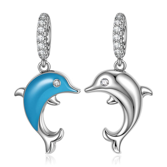 gona- Sterling Silver Leaping Dolphins Dangle Charms With Enamel In White Gold Plated