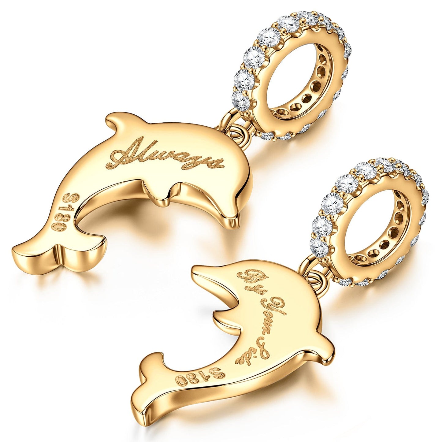 Leaping Dolphins Tarnish-resistant Silver Dangle Charms With Enamel In 14K Gold Plated