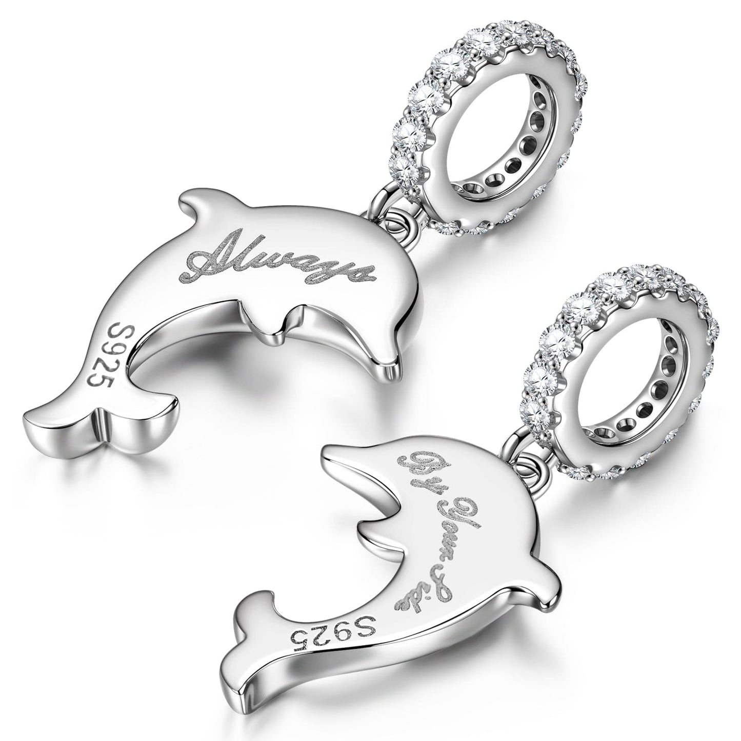 Sterling Silver Leaping Dolphins Dangle Charms With Enamel In White Gold Plated