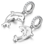 Sterling Silver Leaping Dolphins Dangle Charms With Enamel In White Gold Plated