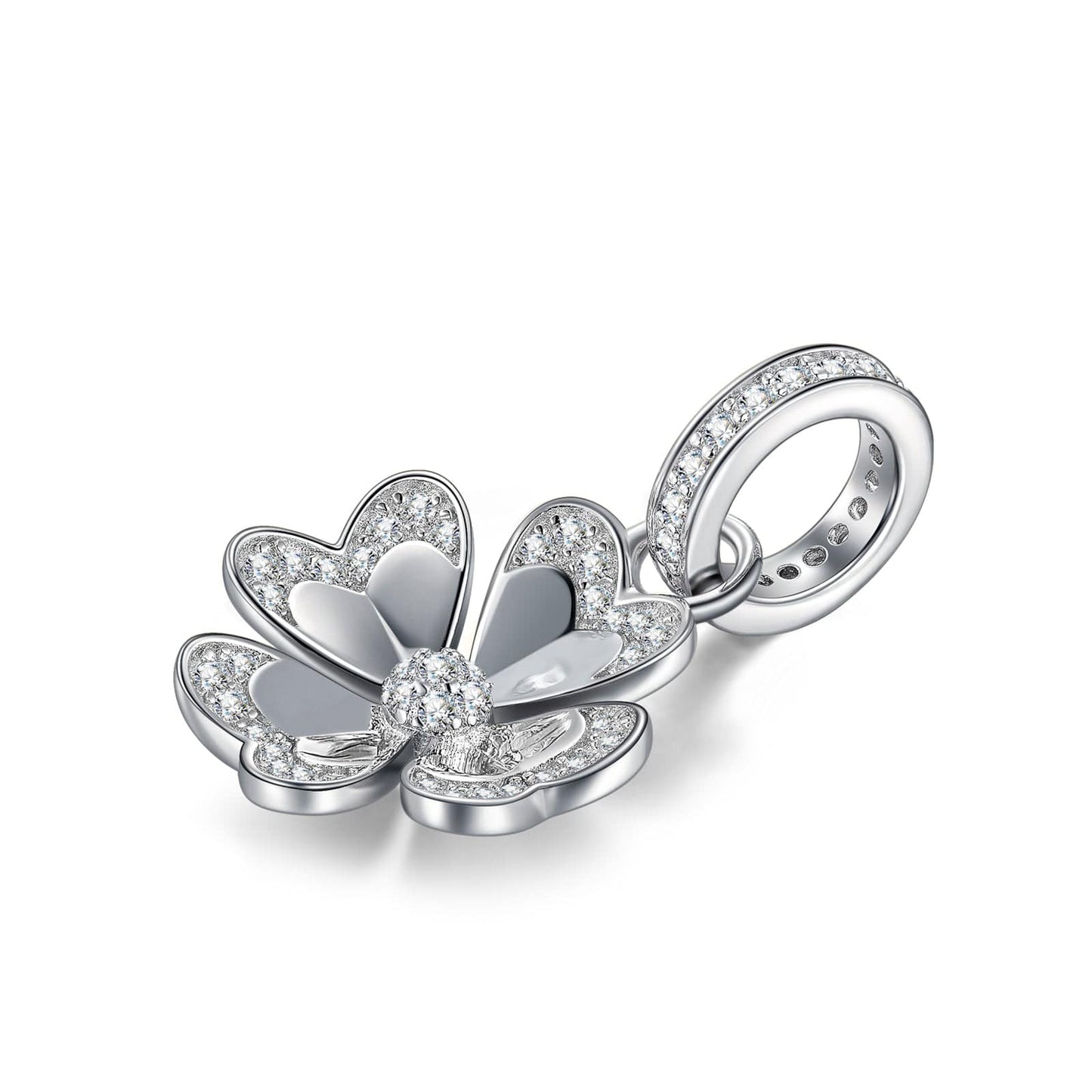 Sterling Silver Lucky Clover Dangle Charms In White Gold Plated