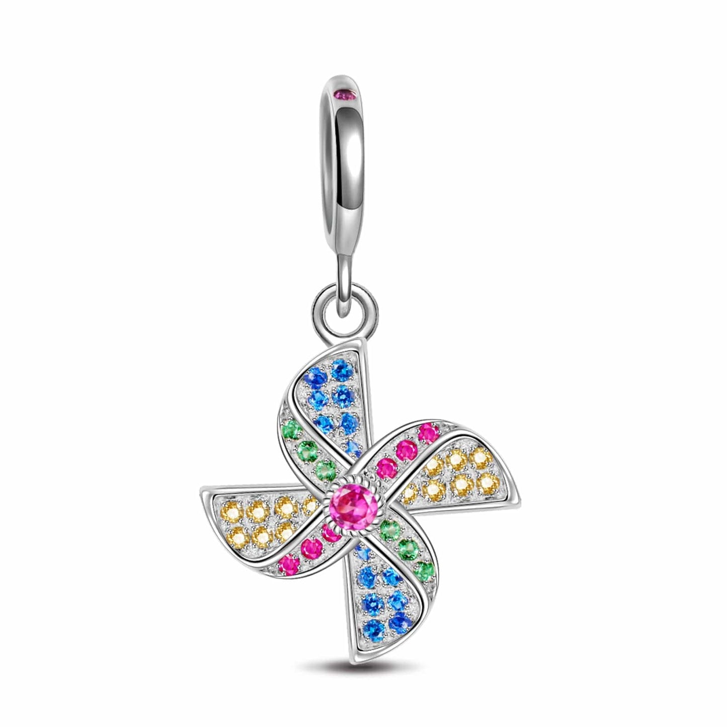Sterling Silver Lucky Windmill Dangle Charms In White Gold Plated