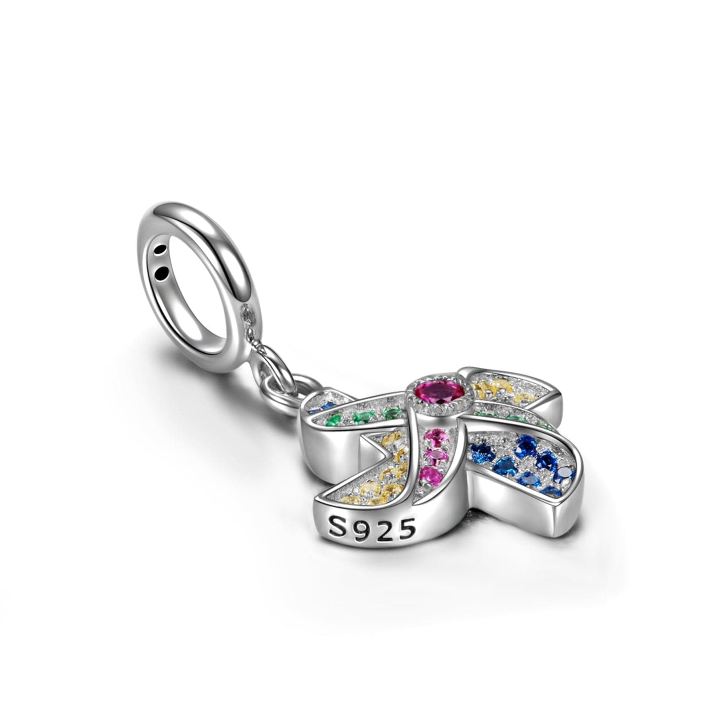 Sterling Silver Lucky Windmill Dangle Charms In White Gold Plated