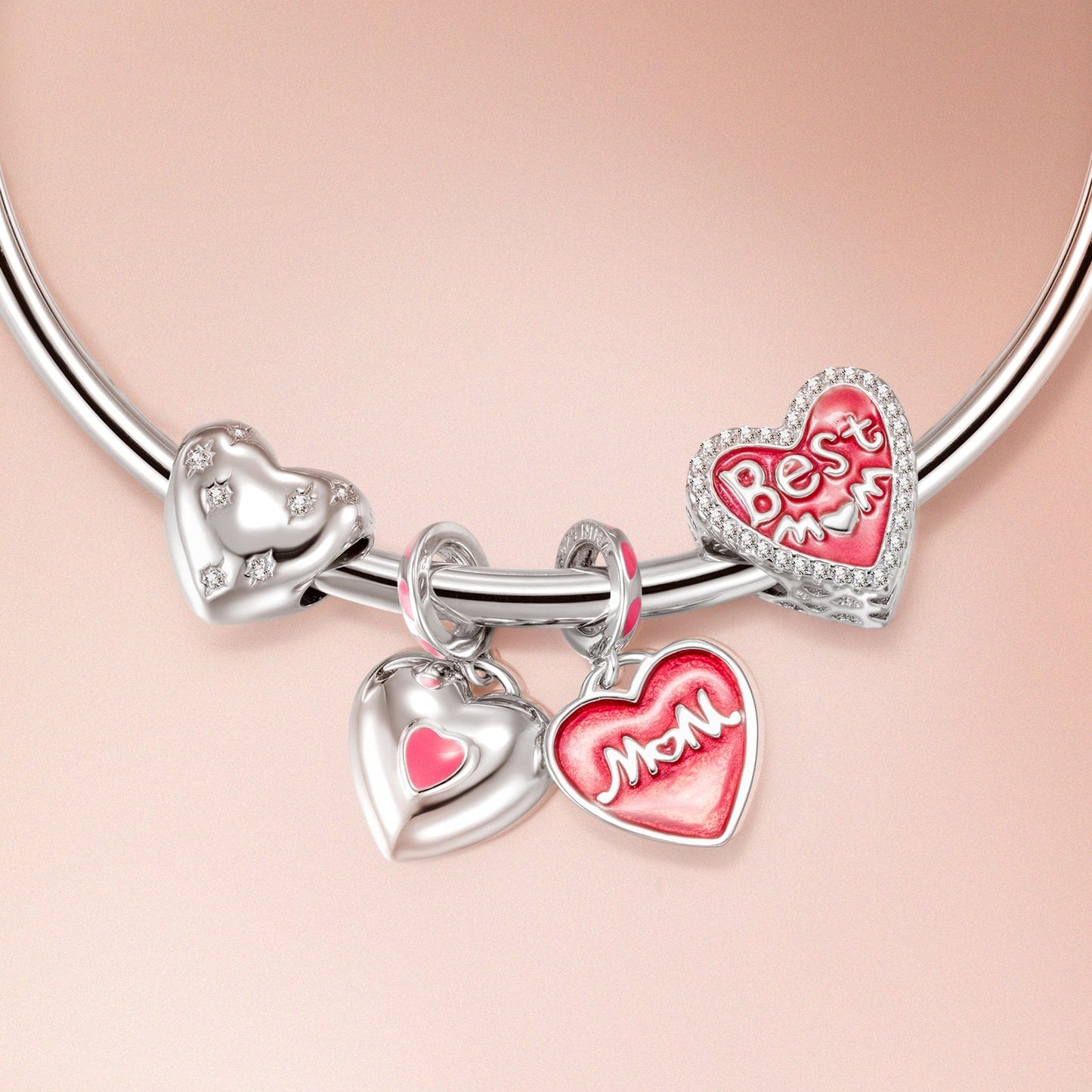 Sterling Silver Mother's Love Dangle Charms With Enamel In White Gold Plated